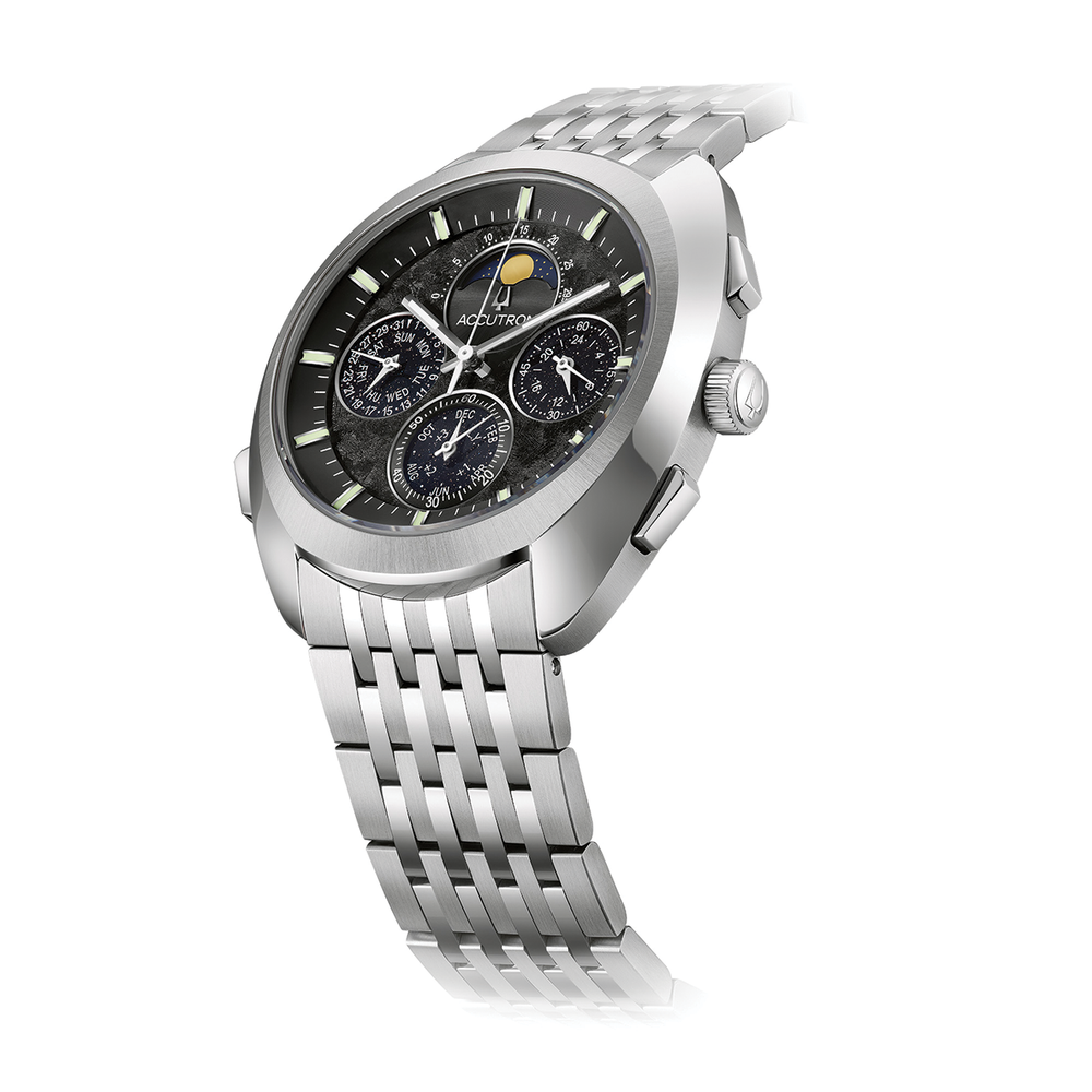 Angled side view of Horizon 41.5mm watch with black dial on stainless steel bracelet