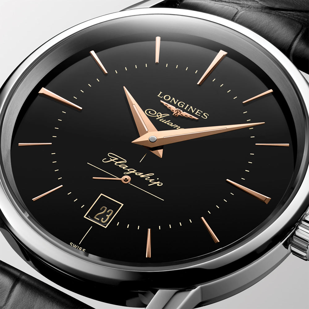 Flagship Heritage 38.5mm - Black on Leather Strap