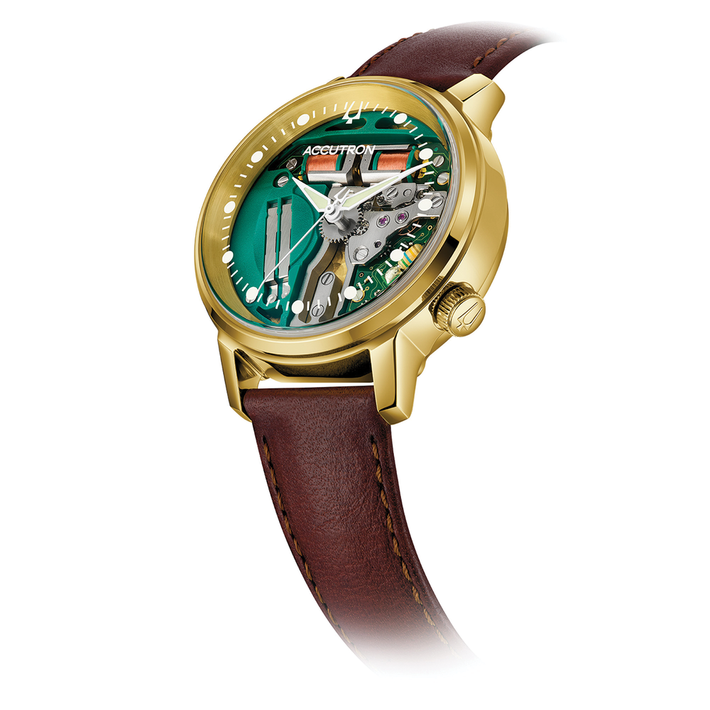 Spaceview 314 Limited Edition gold-tone skeleton watch with multicolor gears on a brown leather strap