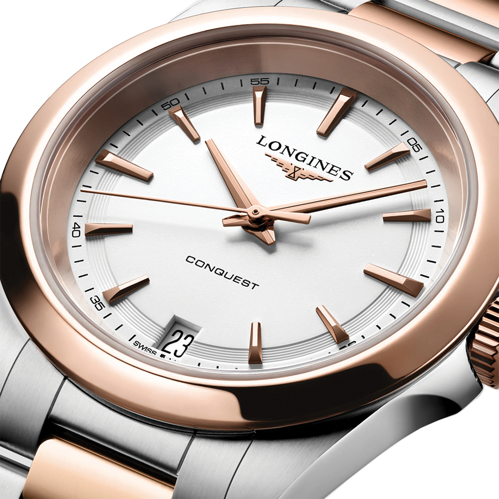 Conquest Quartz Pink PVD Two-Tone 34mm - White on Bracelet