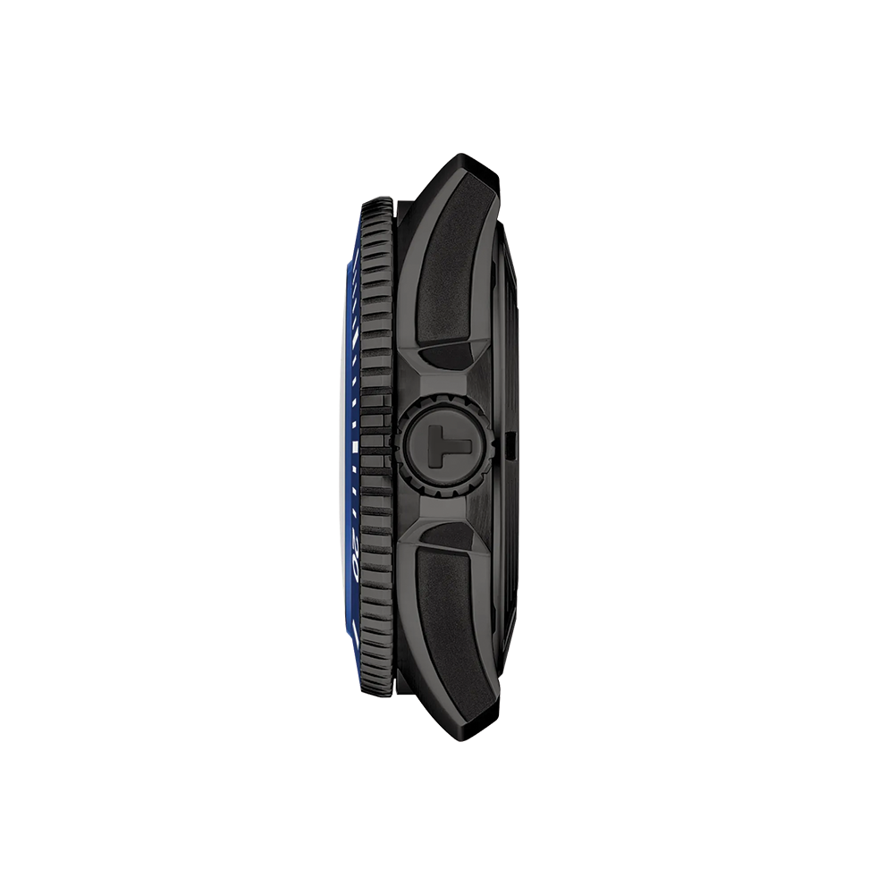 Side profile of Tissot Seastar 2000 Professional Powermatic 80 Ceramic 44mm in blue on a rubber strap