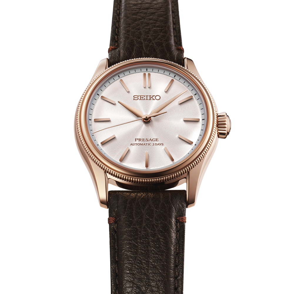 HCC008 Presage Classic Series Limited Edition Pink Gold Plated 38mm - Silver on Leather Strap