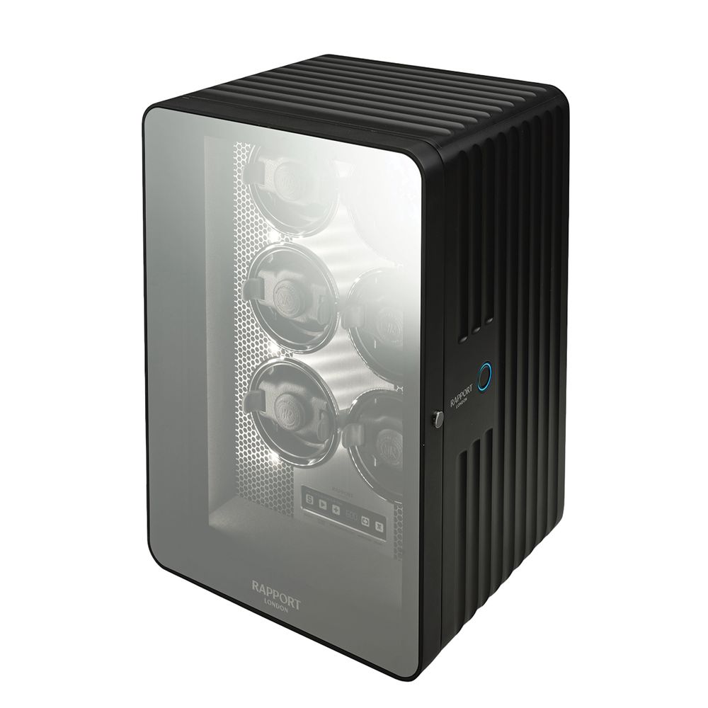 Neo Watch Winder Black with glass front showing rotating watch compartments inside