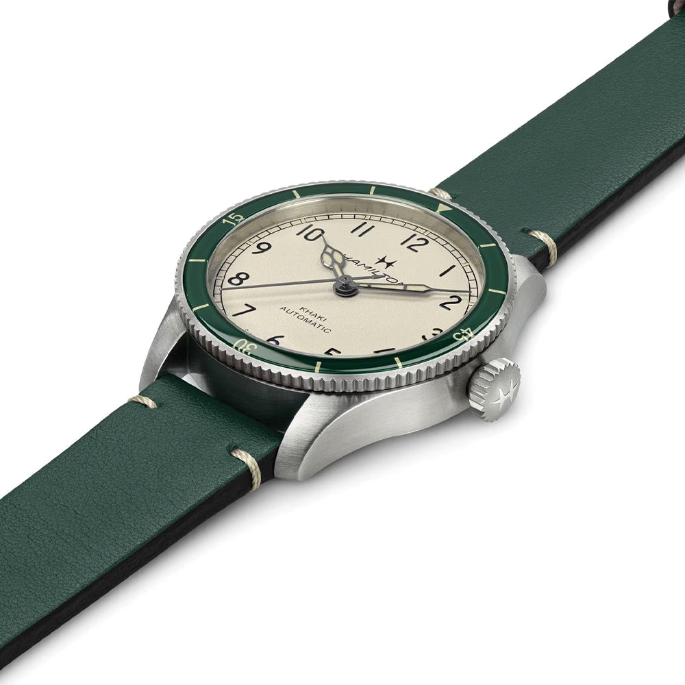 Khaki Aviation Pilot Pioneer Auto 38mm - White on Green Leather Strap