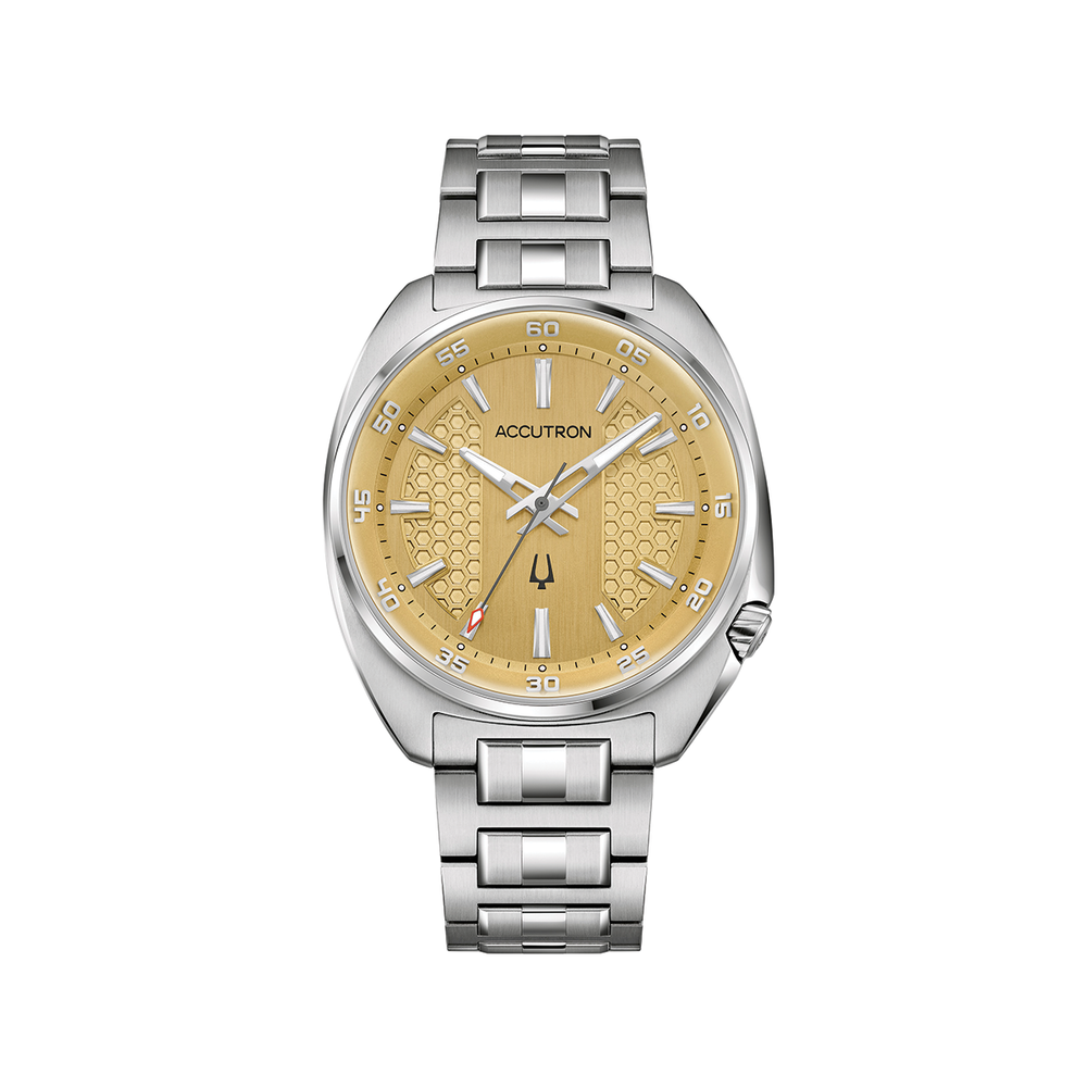 Elevation 39mm champagne dial on stainless steel bracelet watch with a brushed case.