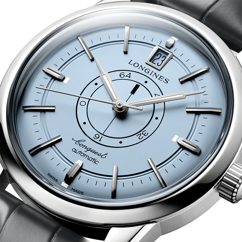 Conquest Heritage Central Power Reserve 38mm - Light Blue Opaline on Leather Strap