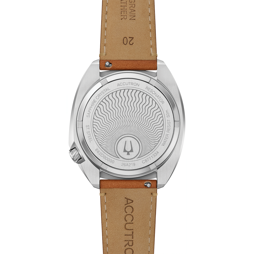 Back view of Elevation 39mm watch with tan leather strap and engraved stainless steel case back.