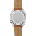 Back view of Elevation 39mm watch with tan leather strap and engraved stainless steel case back.