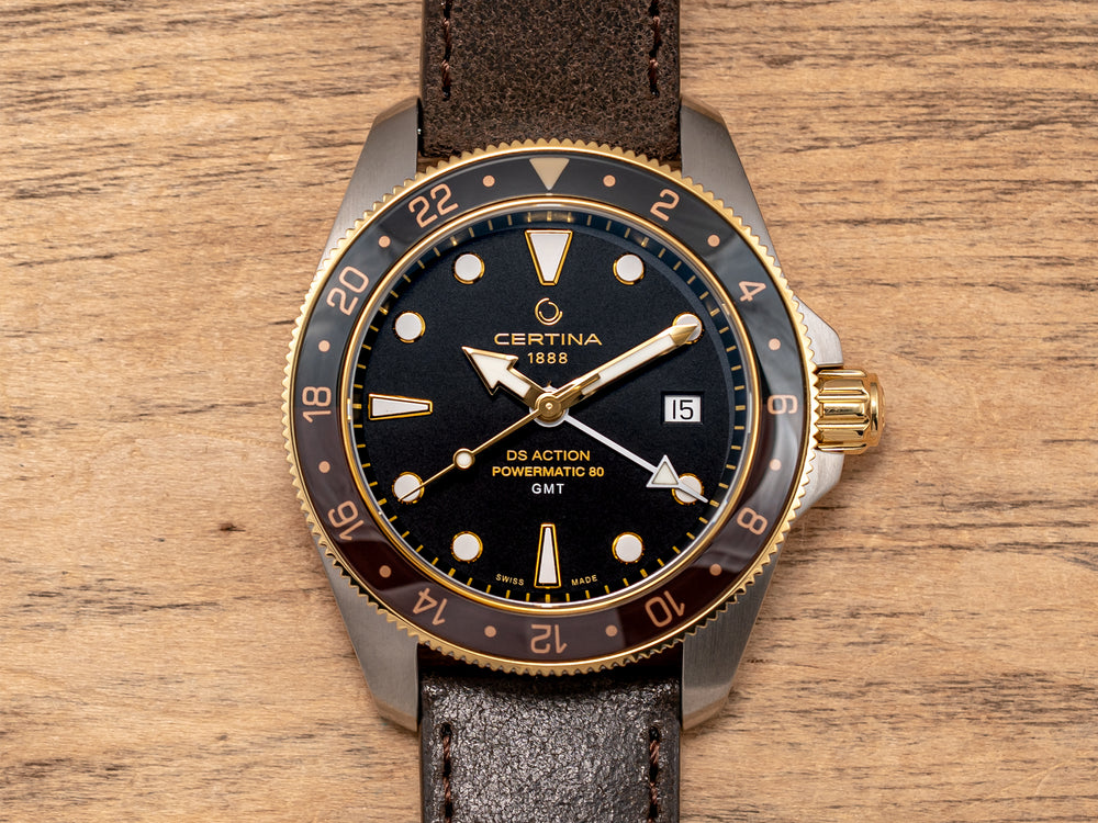 DS Action GMT Powermatic 80 Gold PVD 41mm - Black Dial on Strap