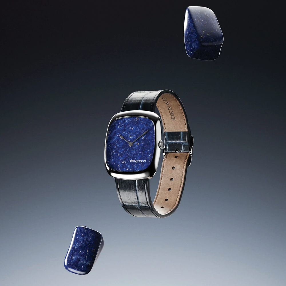 ALD Time Only lapis lazuli watch in steel 37mm with blue stone dial on black leather strap