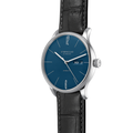 Close-up of Berlin Automatic 38mm blue dial watch on black textured leather strap