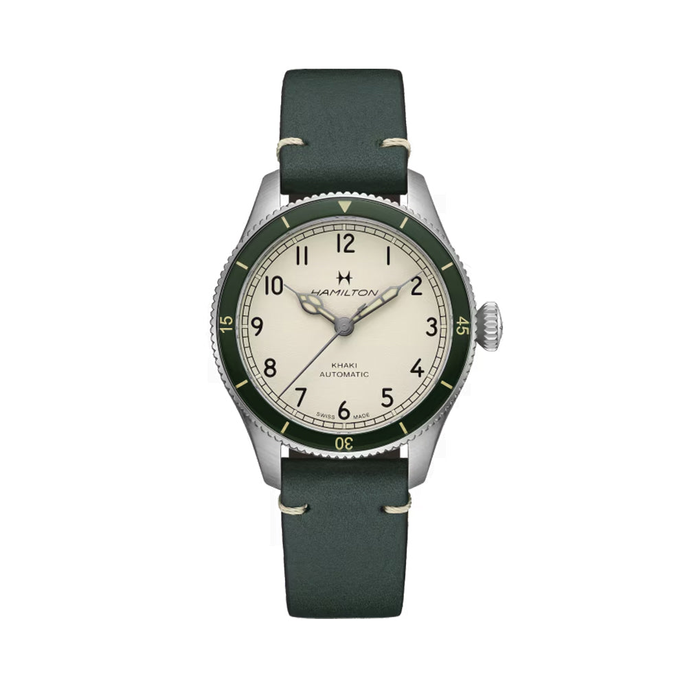Khaki Aviation Pilot Pioneer Auto 38mm - White on Green Leather Strap