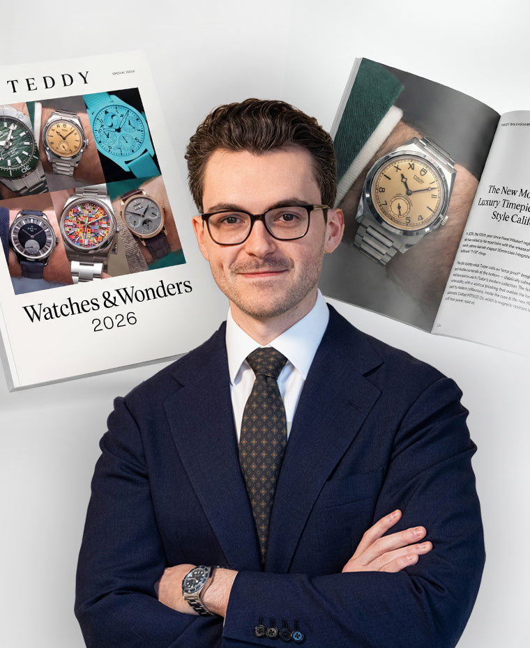 Man in a suit with watches displayed around him, featuring 'Watches & Wonders 2026' theme.