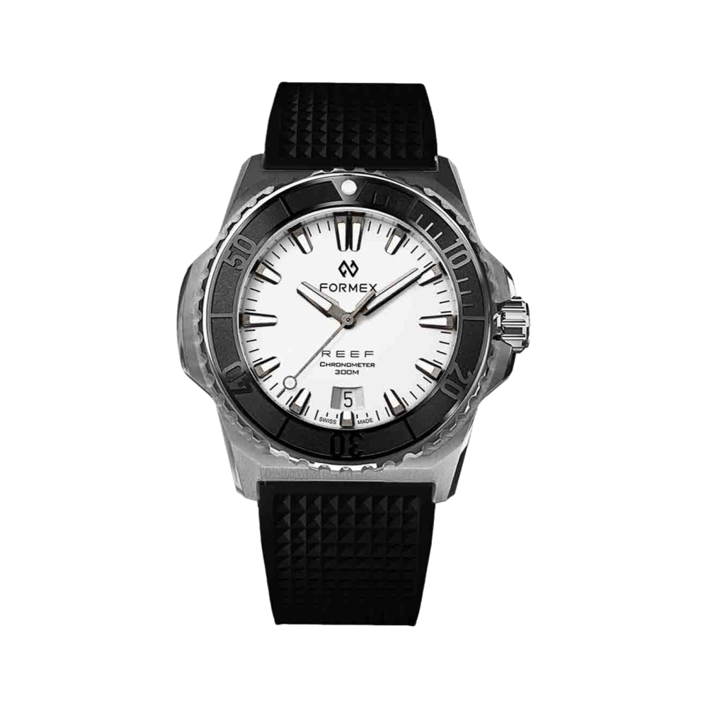 Formex Baby REEF white dial diver watch with black bezel and black rubber strap