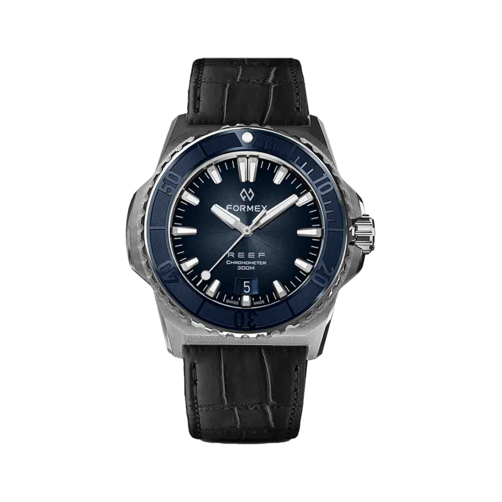 Formex Baby REEF blue dial chronometer watch with blue bezel and black crocodile-embossed leather strap