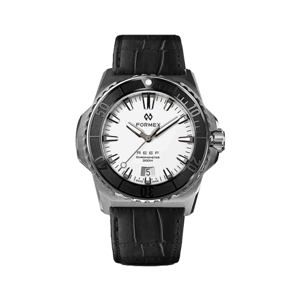 Formex Baby REEF white dial automatic chronometer 300M 39.5mm with black bezel and black leather strap