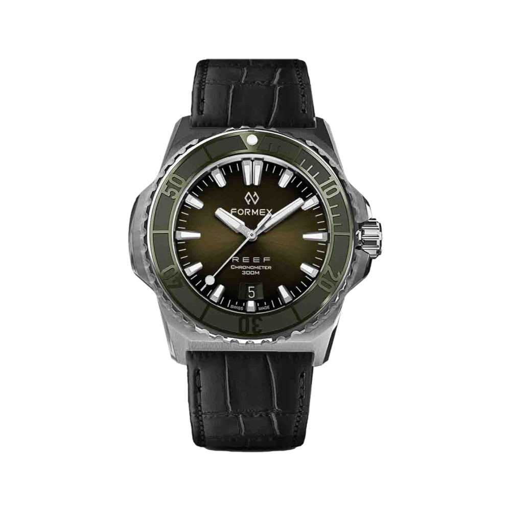 Formex Baby REEF automatic chronometer 300m green dial on a black leather strap
