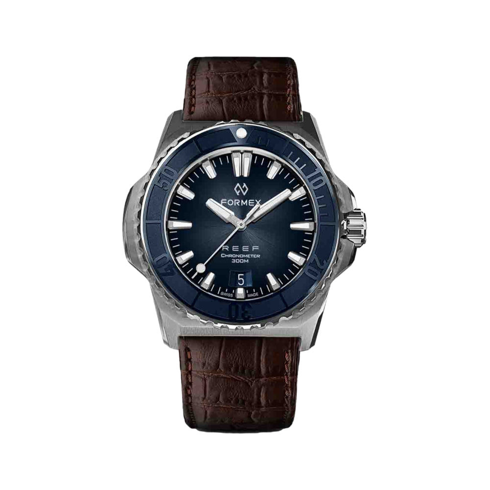 Formex Baby REEF automatic diver with blue dial blue bezel and brown leather strap