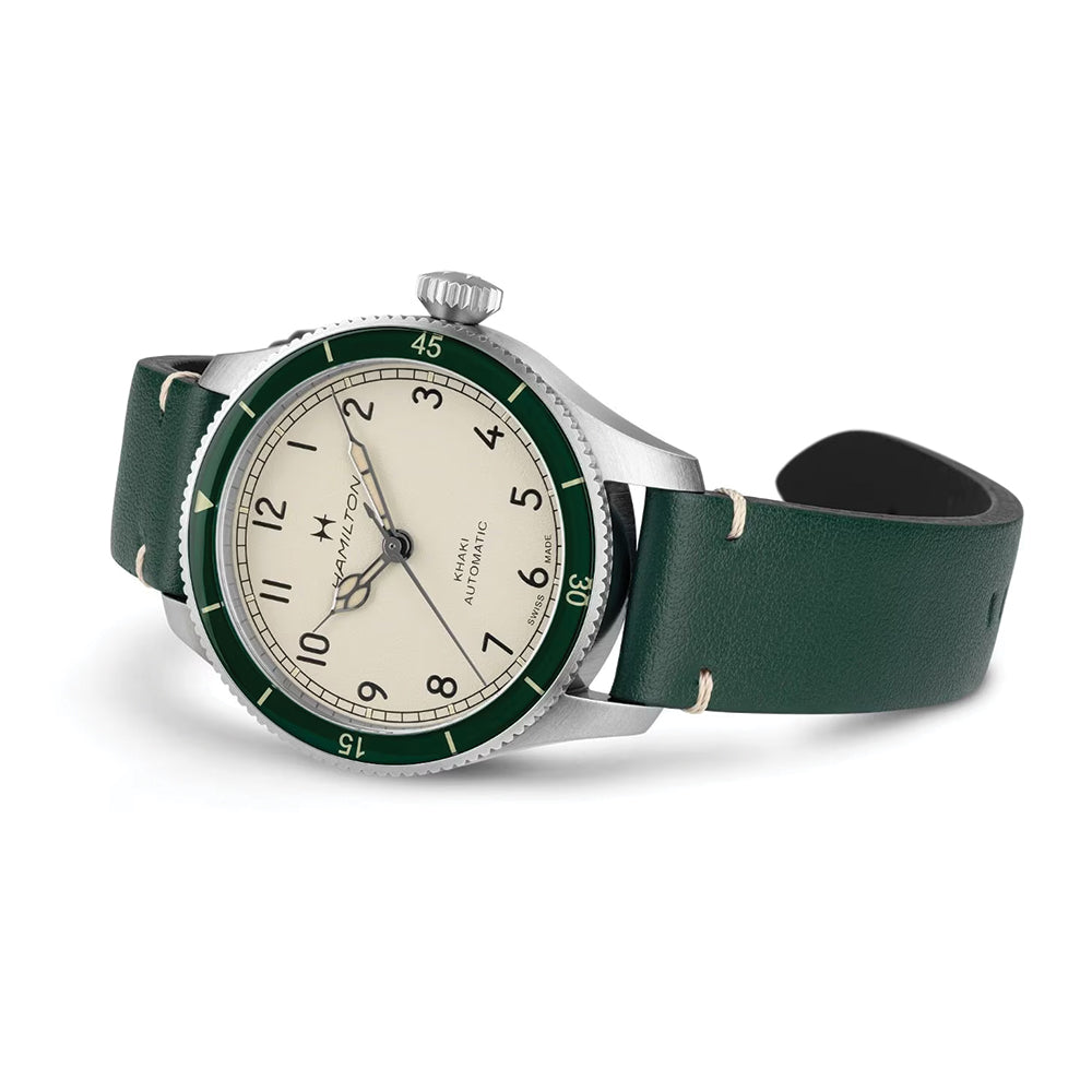 Khaki Aviation Pilot Pioneer Auto 38mm - White on Green Leather Strap