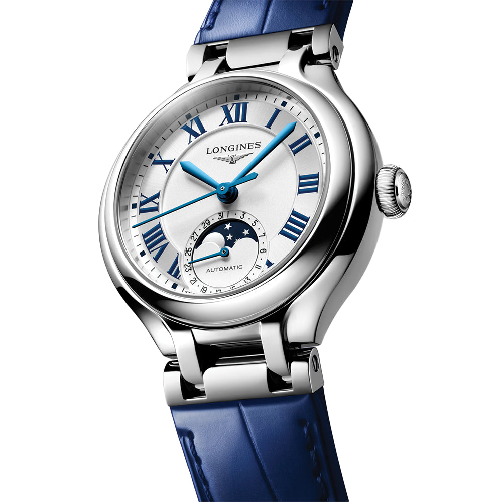 PrimaLuna Moonphase 34mm - Opaline Ivory on Blue Leather Strap