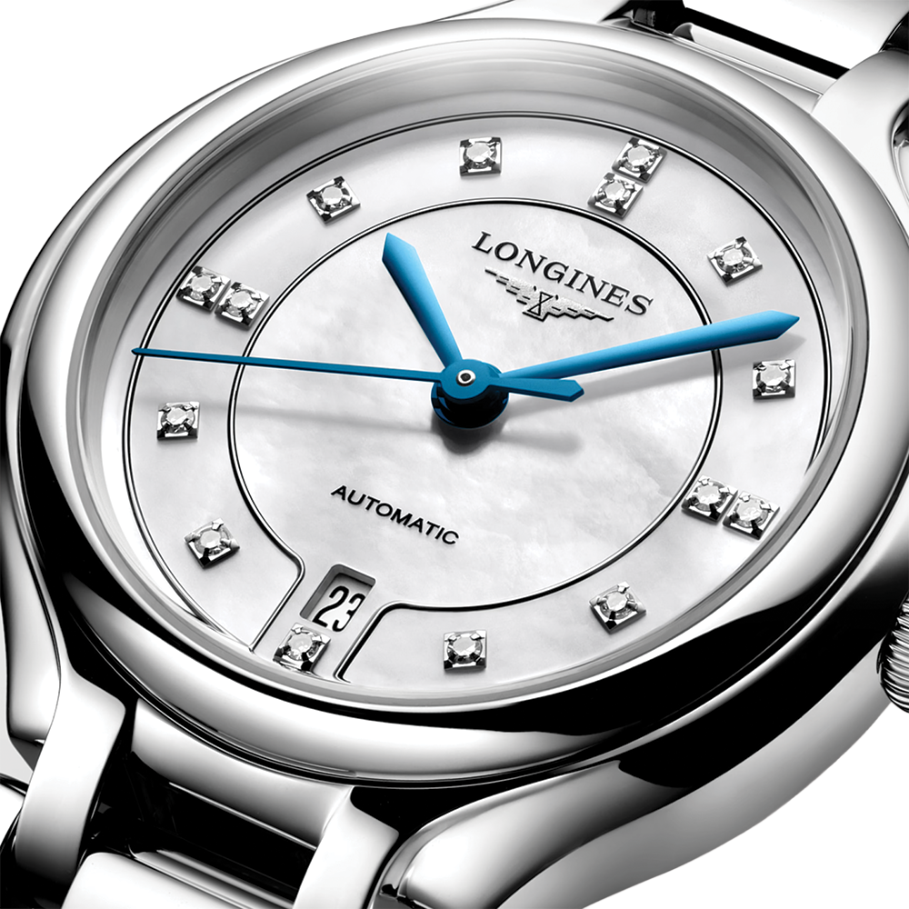 Longines Primaluna 30mm watch with blue hands and diamond-set hour markers on a white mother-of-pearl dial