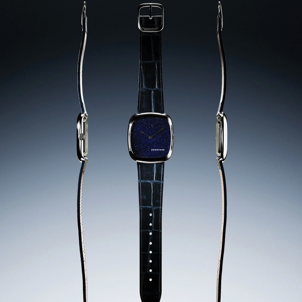 Centered three panel shot of ALD Time Only Midnight Aventurine steel 37mm watch with blue alligator-embossed strap and starry dial