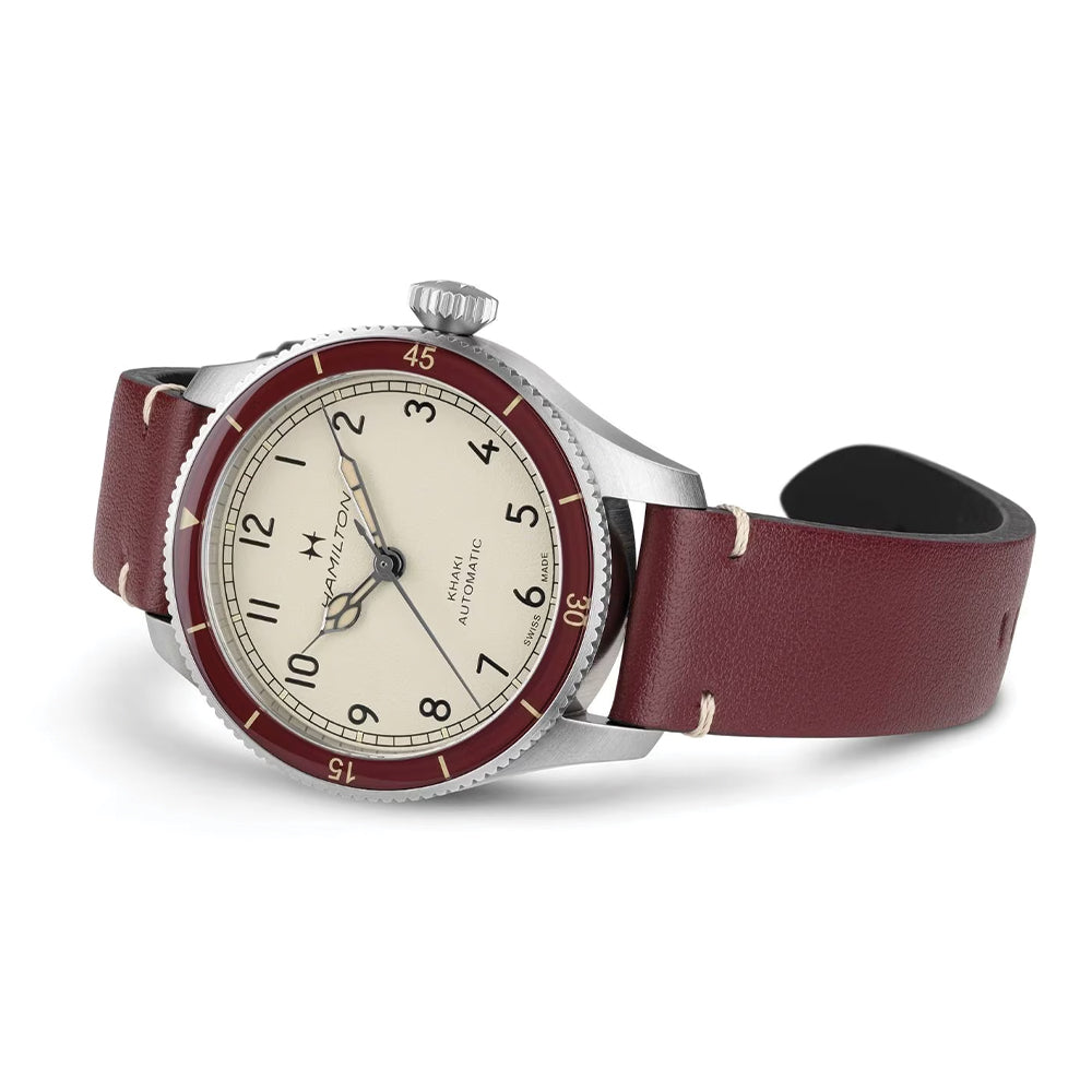 Khaki Aviation Pilot Pioneer Auto 38mm - White on Red Leather Strap