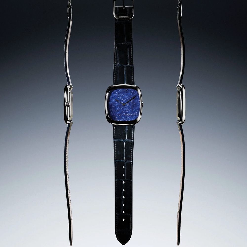 ALD Time Only lapis lazuli watch in steel 37mm shown from multiple angles on a black crocodile embossed leather strap