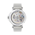 Sapphire case back reveals the movement and rotor of the Ahoi Neomatik Sand on a beige fabric strap