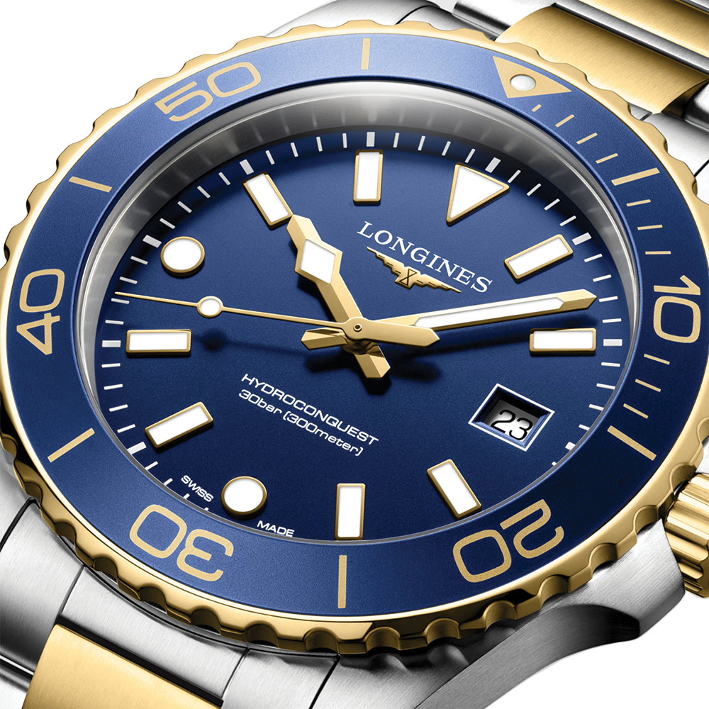 HydroConquest Quartz Yellow PVD Two-Tone 42mm - Blue on Bracelet