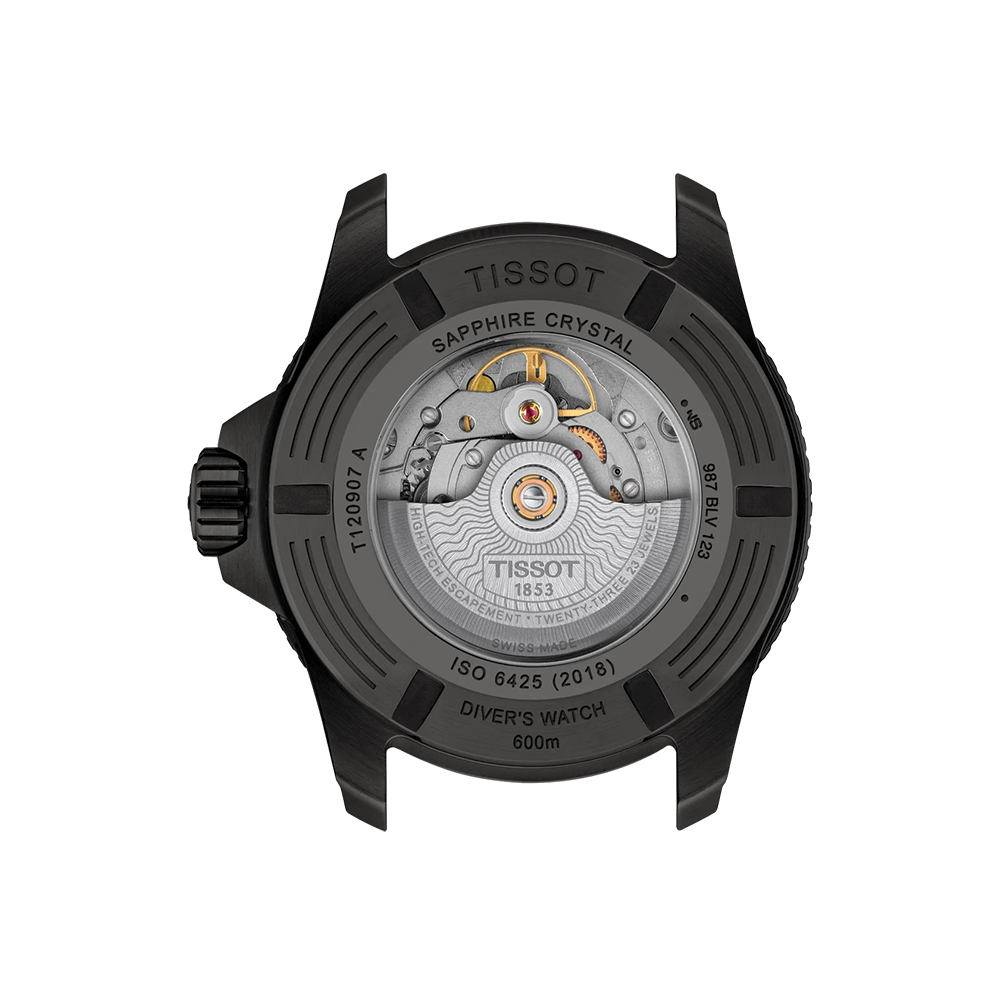 Back view of Tissot Seastar 2000 Professional showing the automatic movement through sapphire crystal