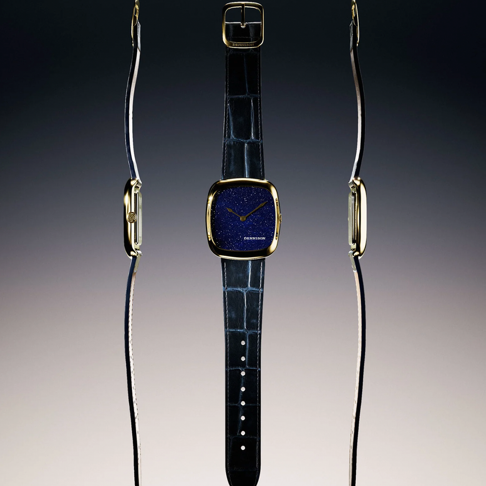 ALD Time Only Midnight Aventurine gold 37mm watch with a blue dial on a blue leather strap