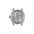 Back of brushed stainless steel Tissot watch with engraved cyclist emblem and crown