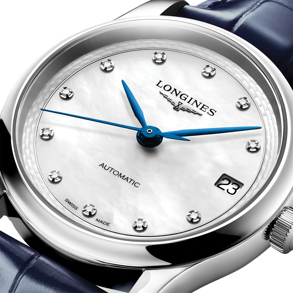 Master 34mm - White, Mother-of-Pearl, Diamond-Set on Leather Strap