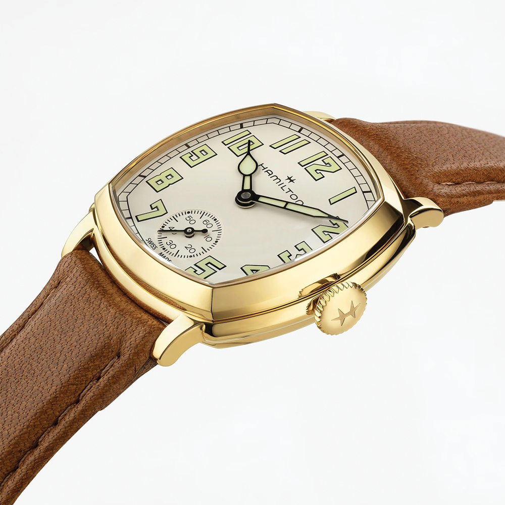 American Classic Cushion Mechanical PVD Gold-Tone 30mm - Beige on Leather Strap