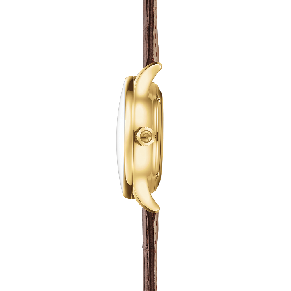 Side profile of a gold Berlin automatic watch with a brown leather strap and crown
