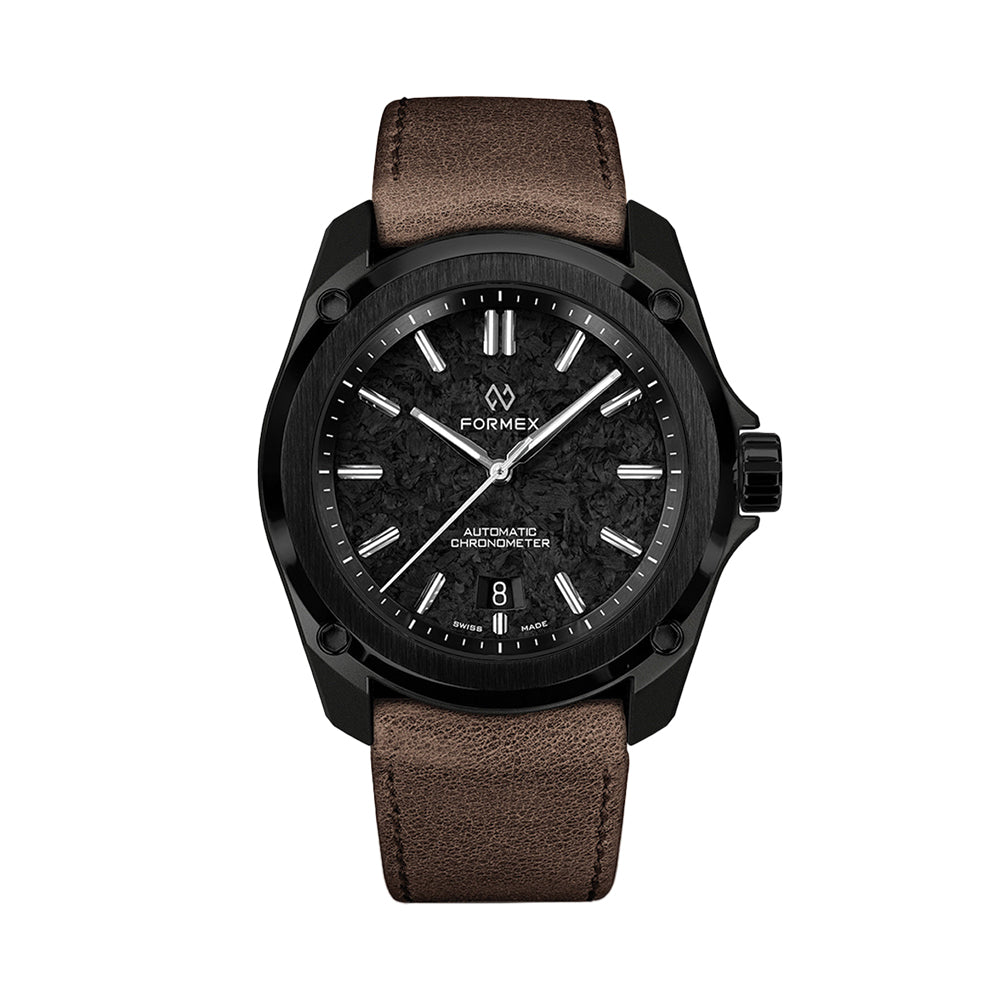 Essence Leggera 41mm forged carbon watch with a brown leather strap