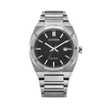 Citizen Eco-Drive stainless steel watch with a black textured dial and date window