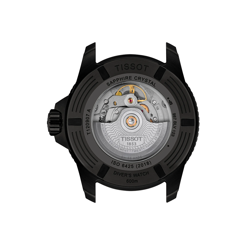 Case back of a black Seastar 2000 watch showing the automatic movement through sapphire crystal