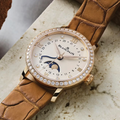 Villeret Phases de Lune 18K Red Gold 29.2mm - Gold-Toned Opaline, Diamond-Set on Leather Strap