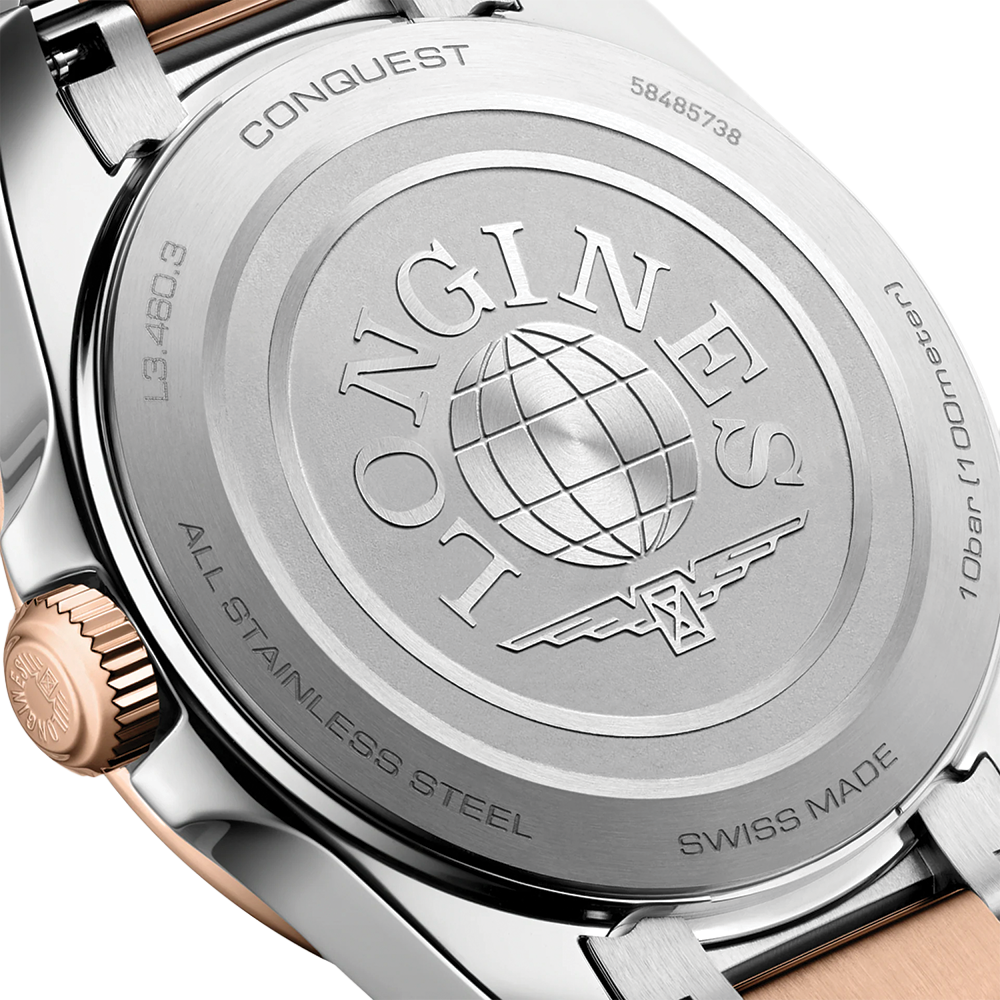 Conquest Quartz Pink PVD Two-Tone 34mm - White on Bracelet