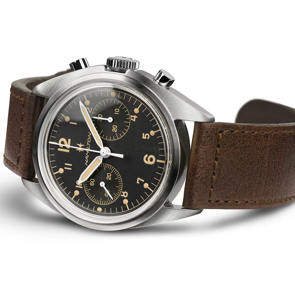 Khaki Aviation Pioneer Mechanical Chrono 40mm - Black on Leather Strap