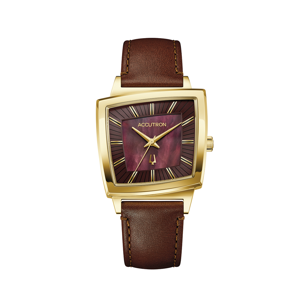 Memphis 521 35.8mm brown leather strap watch with square gold-tone case and burgundy dial