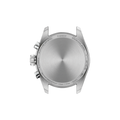 Side view of the Tissot PR 100 Chronograph case with crown and pushers beside the stainless steel bracelet