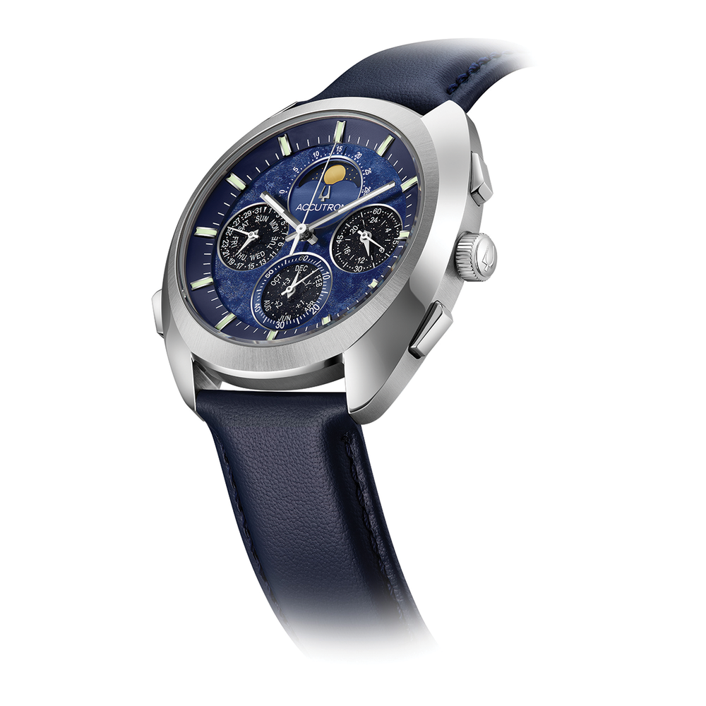 Angled side view of Horizon 41.5mm blue dial watch with blue leather strap and crown