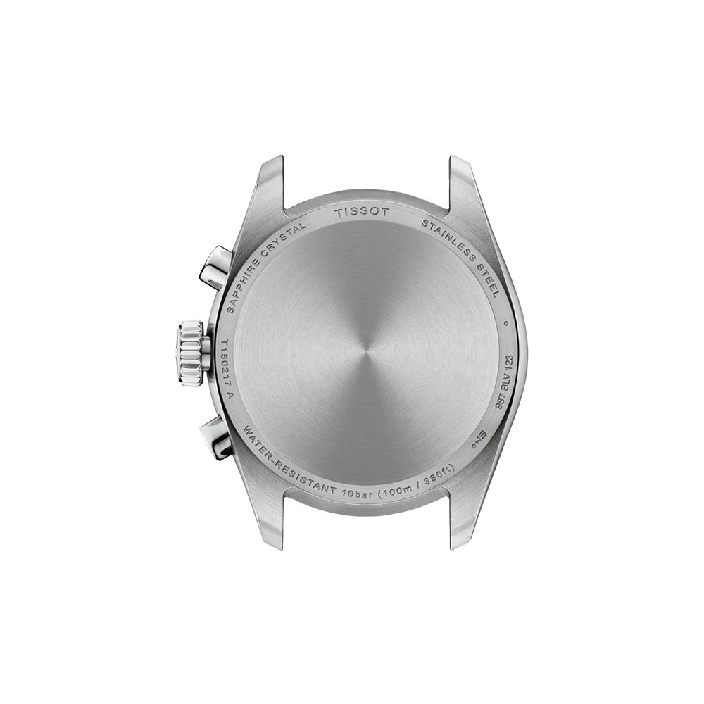 Back view of a stainless steel Tissot watch showing an engraved case back and crown with two pushers on the left.