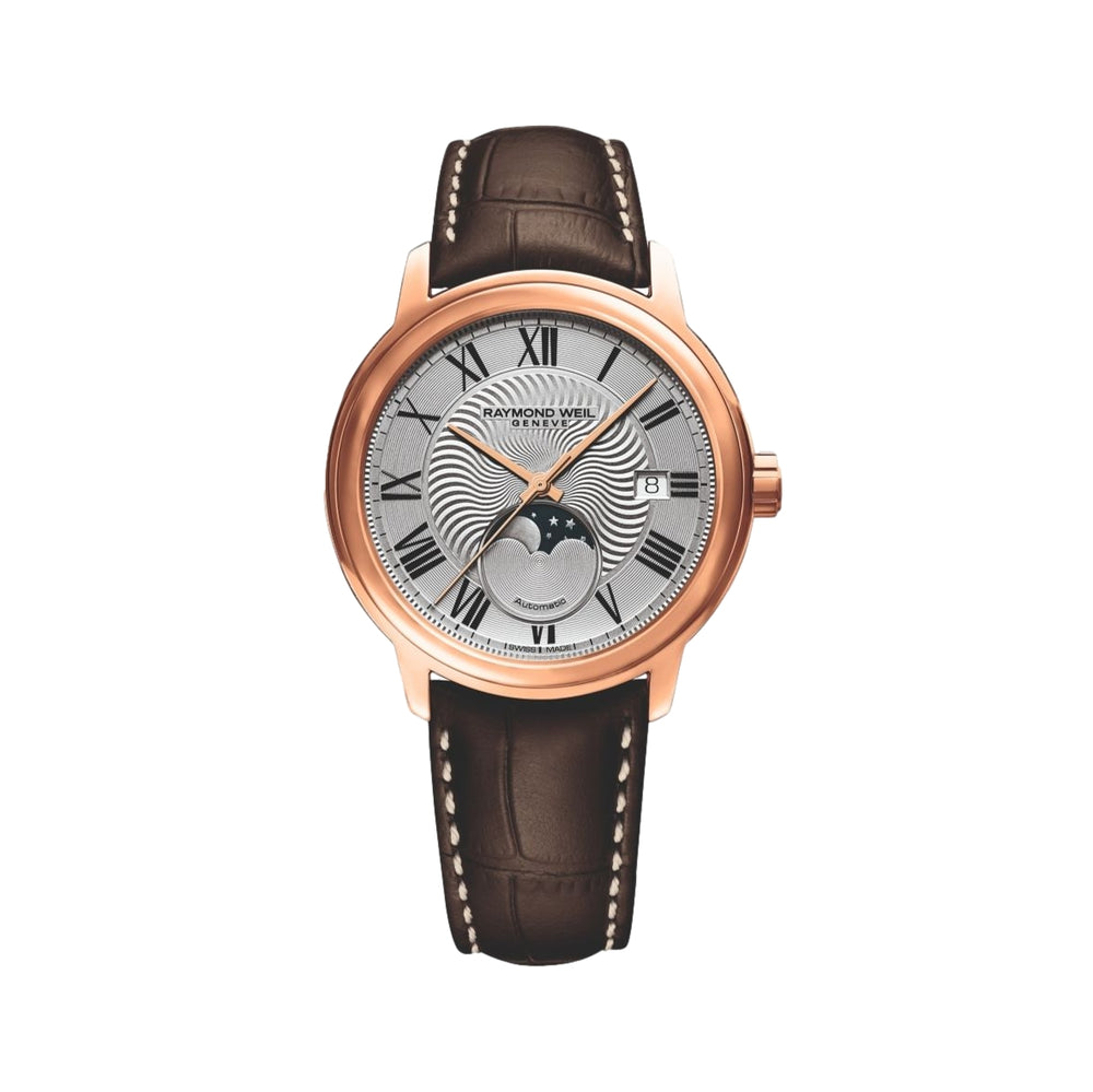 Maestro Moonphase Rose Gold 39.5mm - Silver on Leather Strap