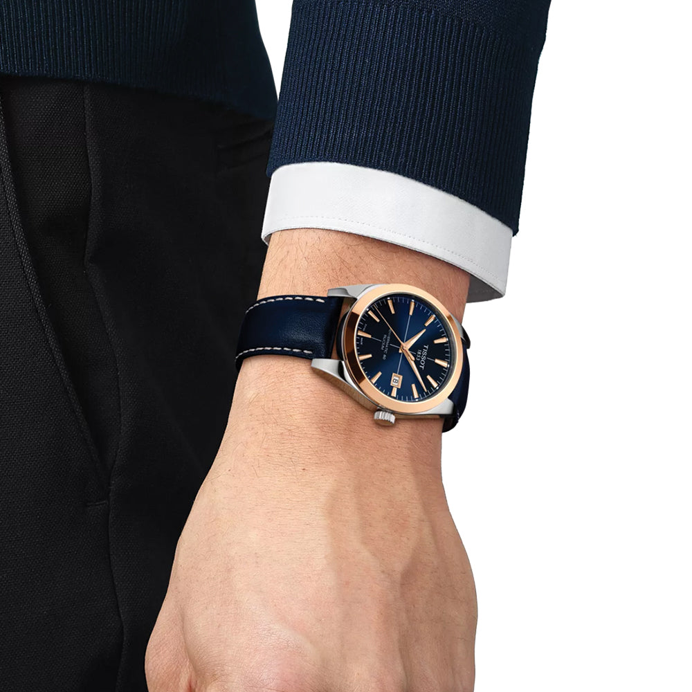 Gentleman Powermatic 80 Silicium Solid 18K Gold Bezel 40mm - Blue on Leather Strap