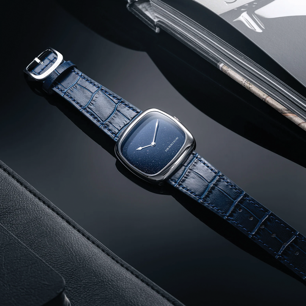 ALD Time Only Midnight Aventurine steel 37mm watch shown diagonally with a deep blue alligator-embossed leather strap