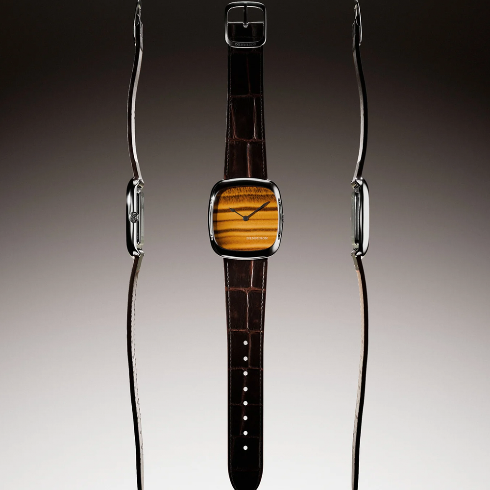 ALD Time Only Natural Stone Tiger Eye dial in steel square case with brown leather strap